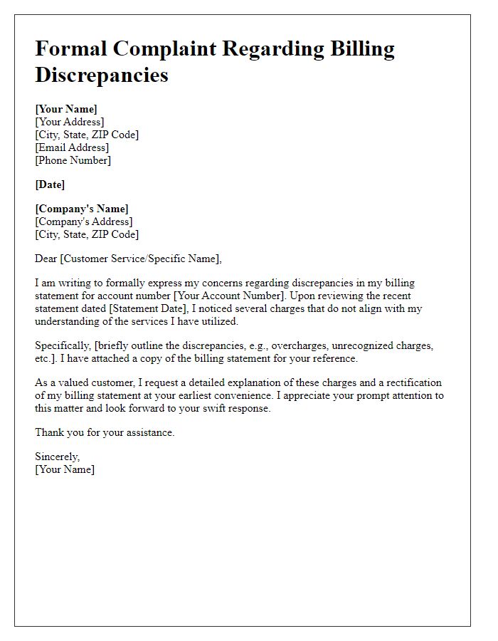 Letter template of formal service complaint related to billing discrepancies.