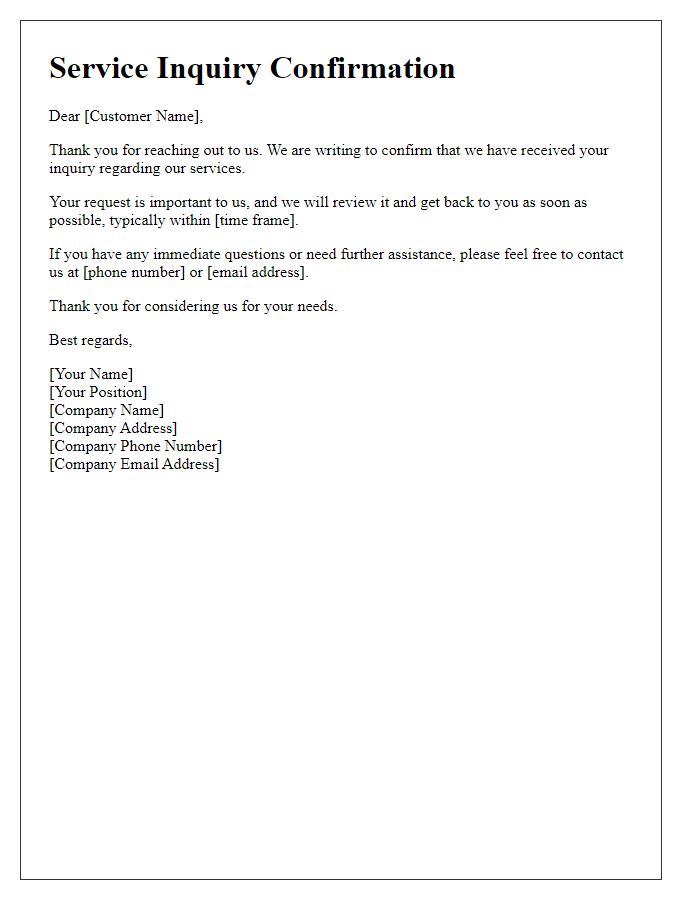 Letter template of confirmation on service inquiry submission