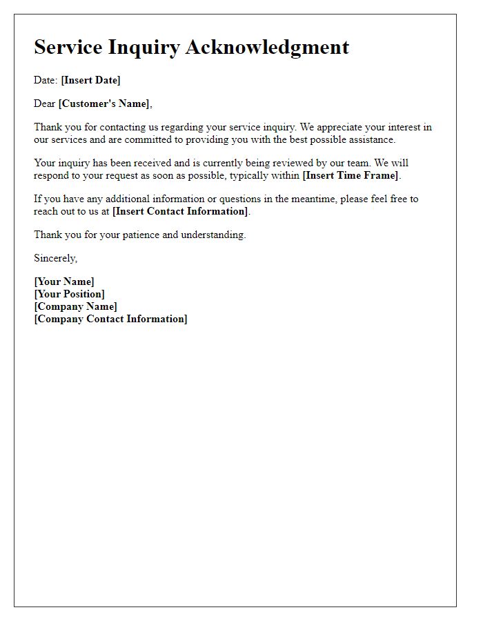 Letter template of service inquiry acknowledgment