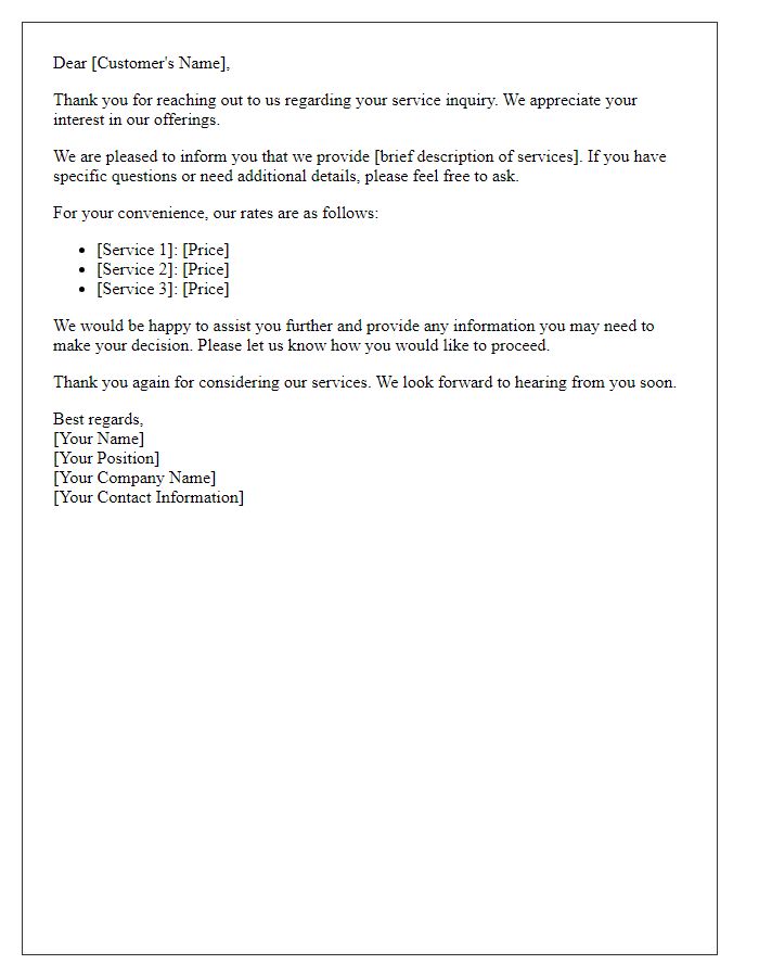 Letter template of service inquiry response