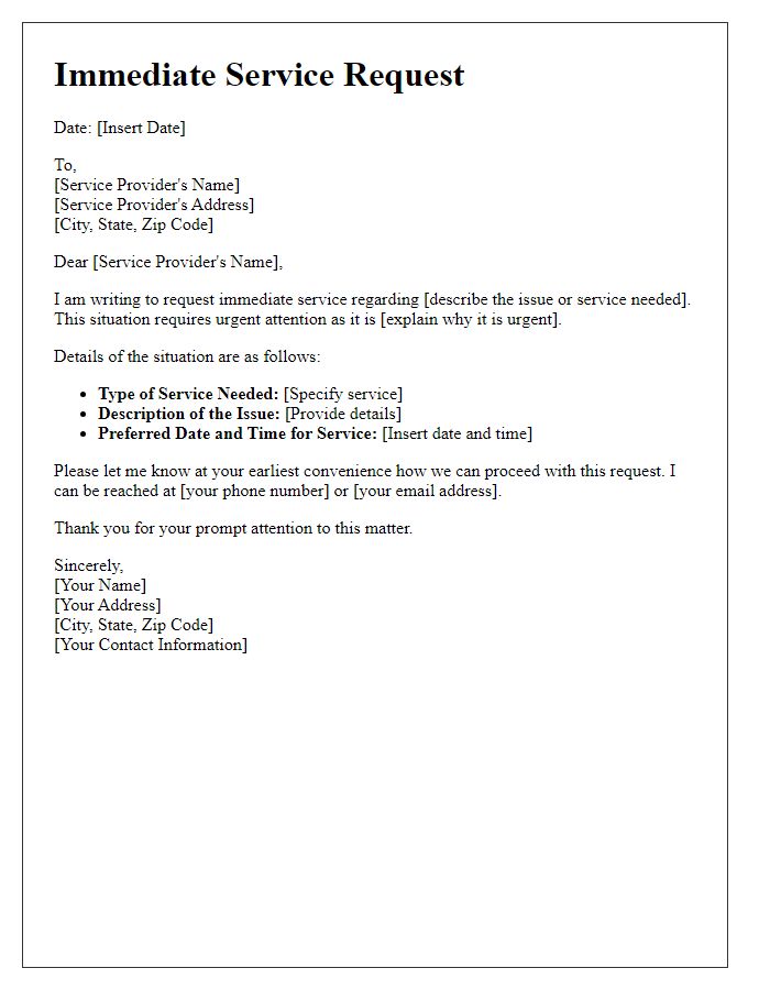 Letter template of immediate service request