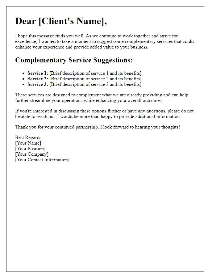 Letter template of complementary service suggestions for your business.