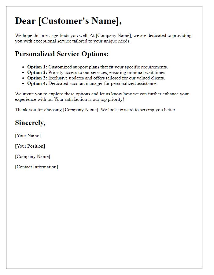 Letter template of personalized service options to elevate your satisfaction.