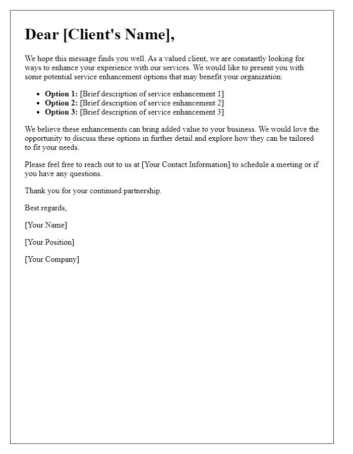 Letter template of potential service enhancement options for existing clients.