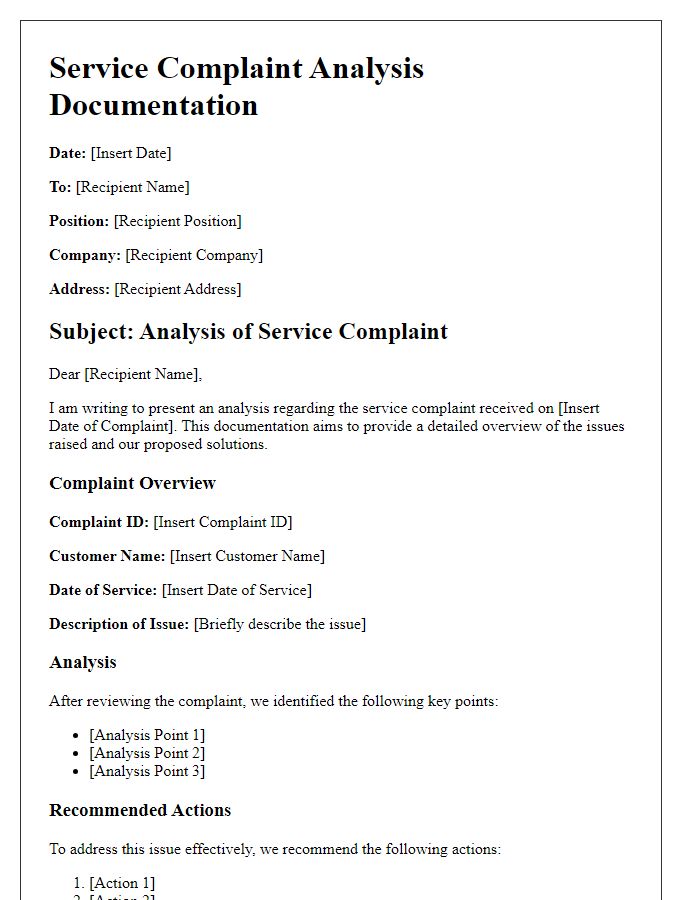 Letter template of service complaint analysis documentation