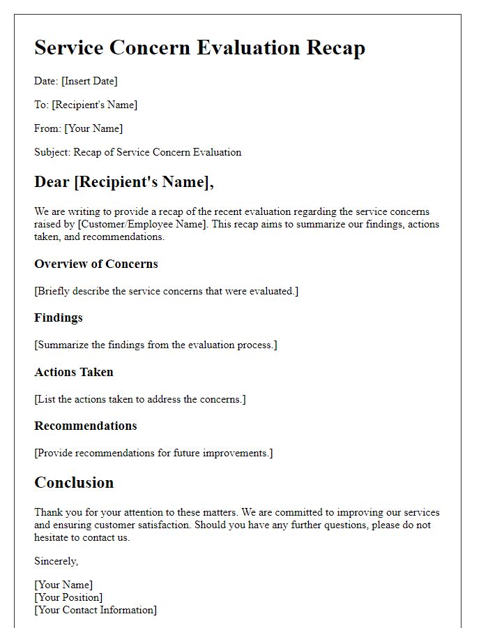 Letter template of service concern evaluation recap