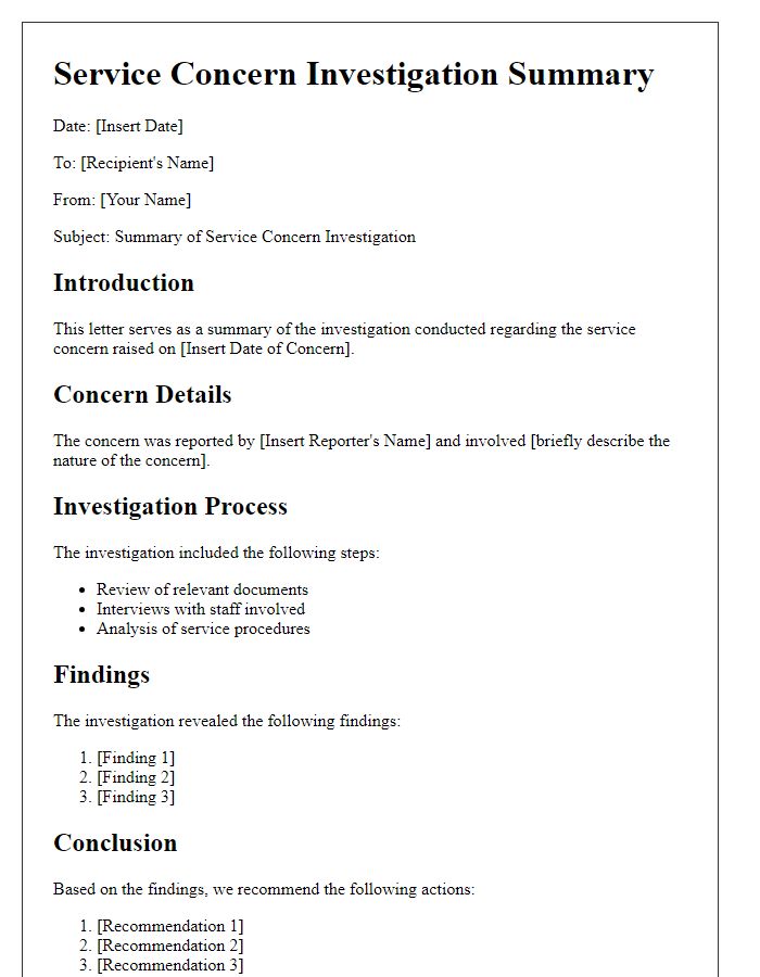 Letter template of service concern investigation summary