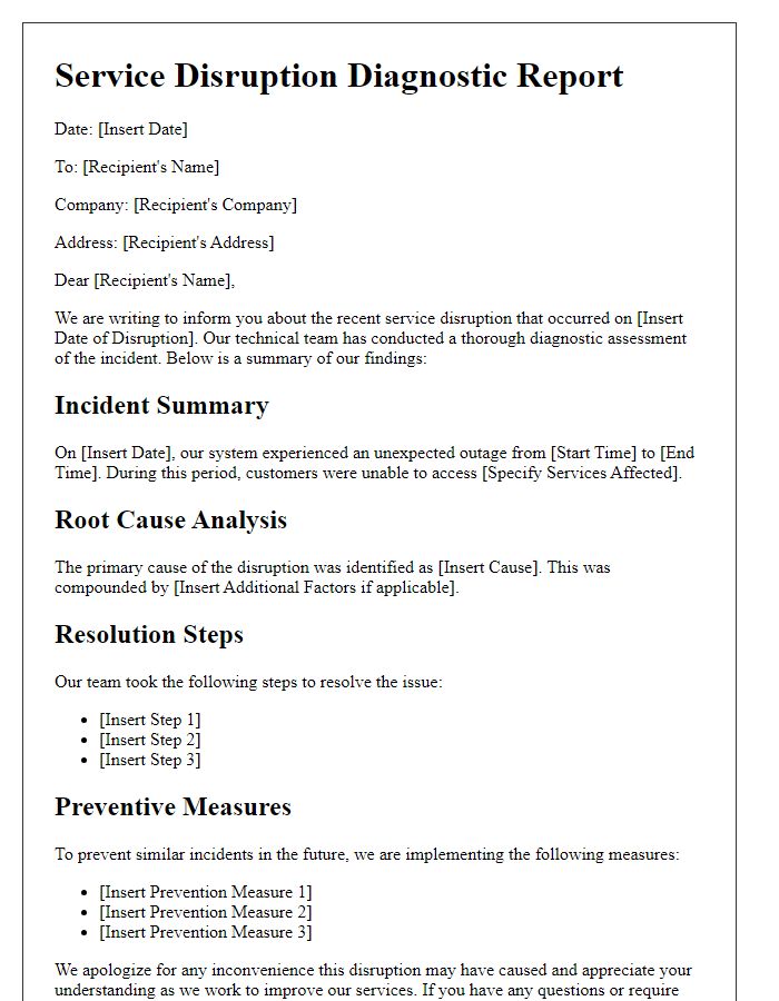 Letter template of service disruption diagnostic report