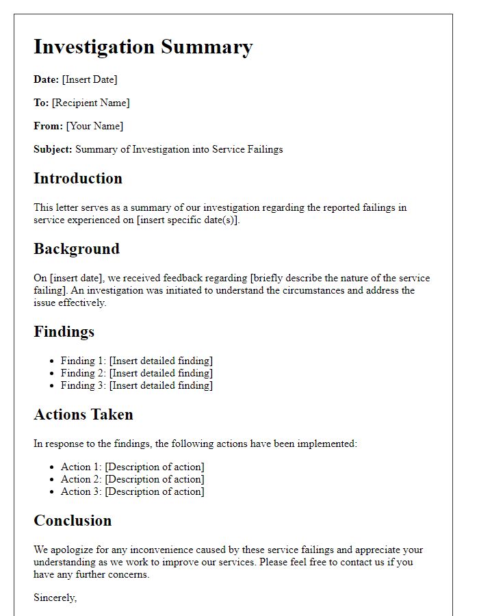 Letter template of service failings investigation summary