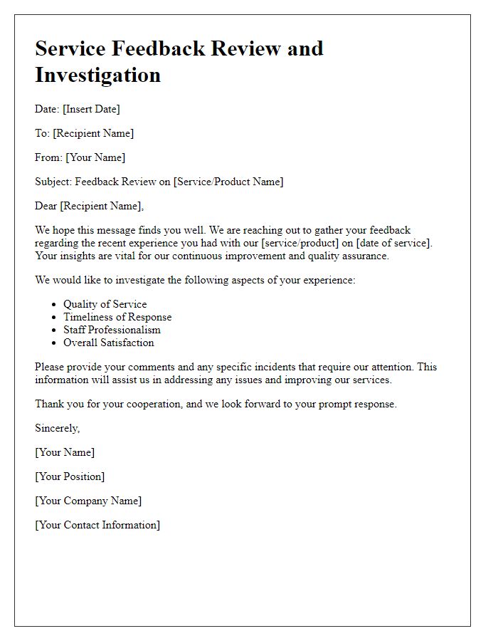 Letter template of service feedback review and investigation