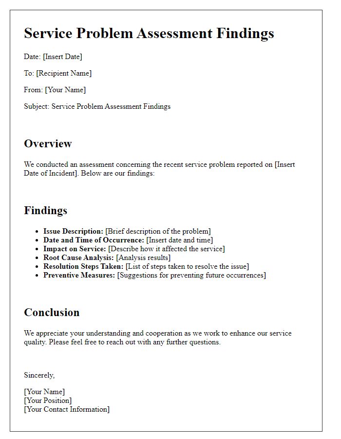 Letter template of service problem assessment findings