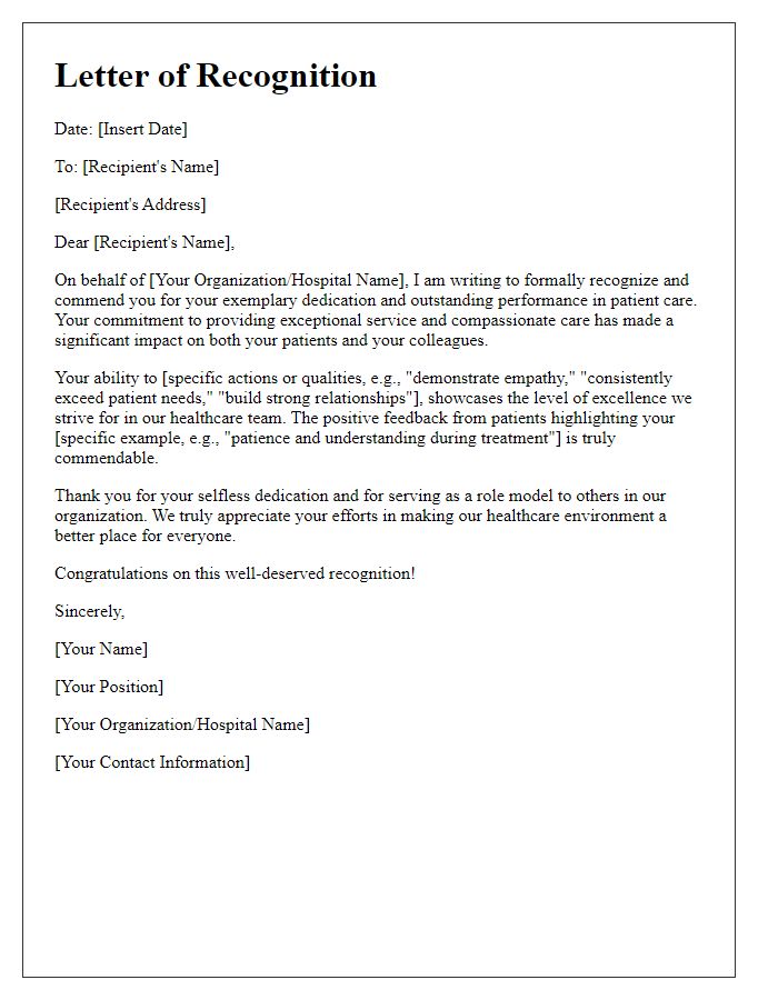 Letter template of recognition for patient care excellence.