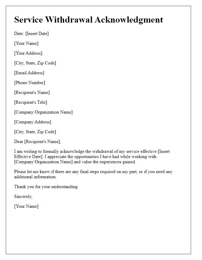 Letter template of Acknowledgment of Service Withdrawal