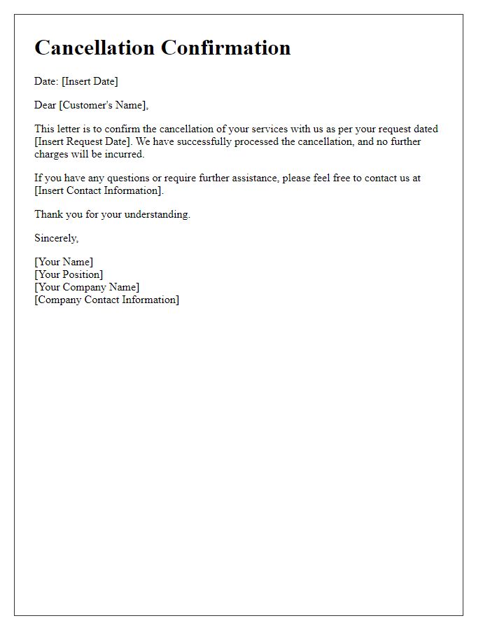 Letter template of Confirmation for Cancelled Services