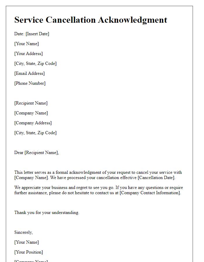 Letter template of Service Cancellation Acknowledgment
