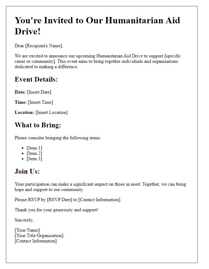 Letter template of humanitarian aid drive invitation