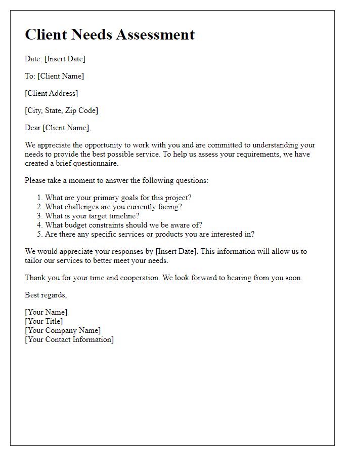 Letter template of client needs assessment