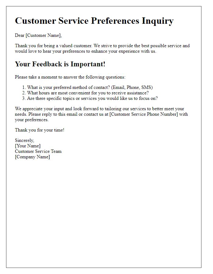 Letter template of customer service preferences inquiry