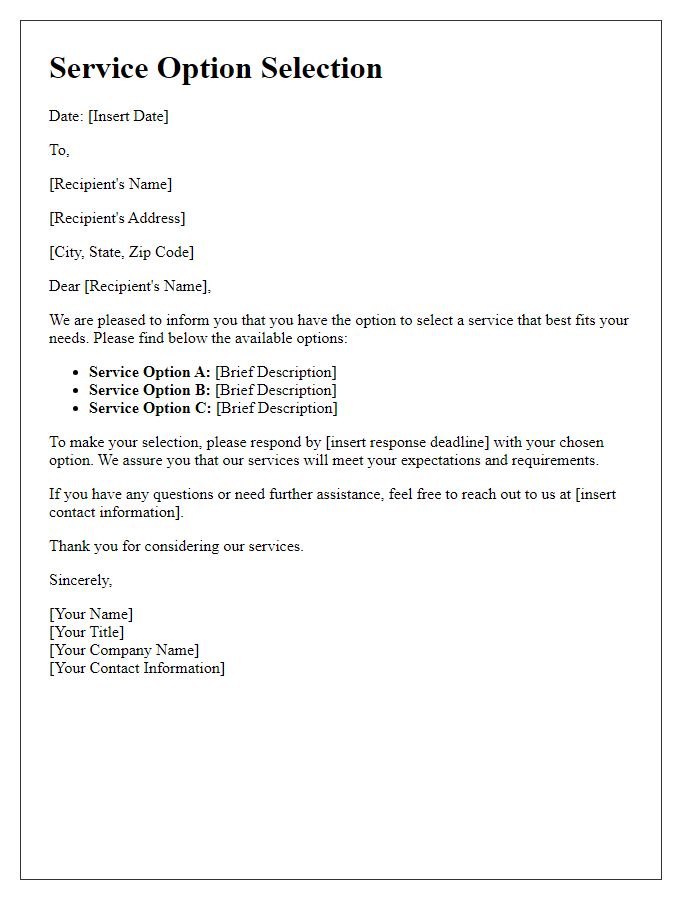 Letter template of service option selection
