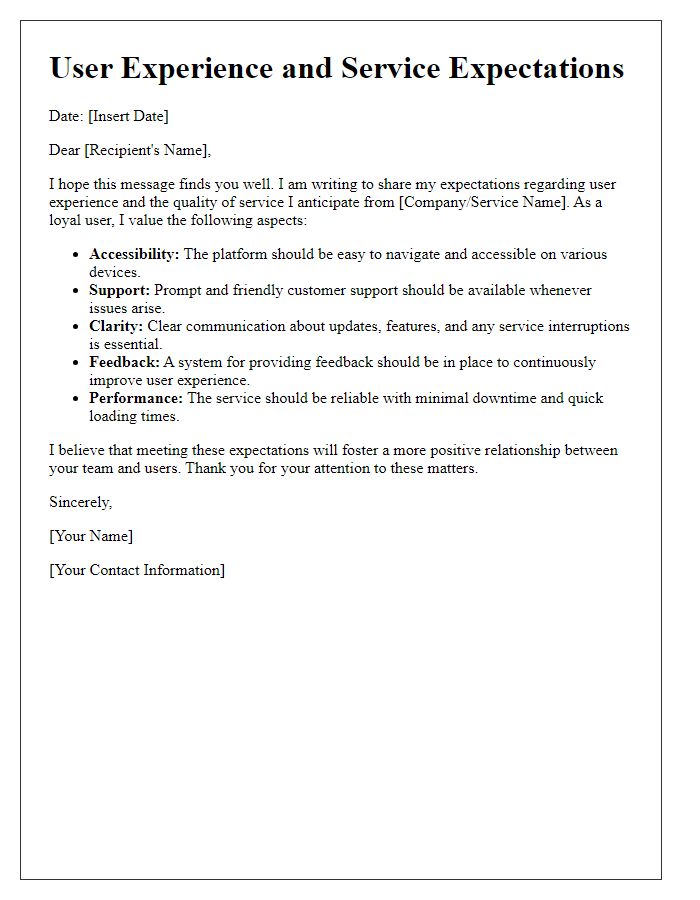 Letter template of user experience and service expectations