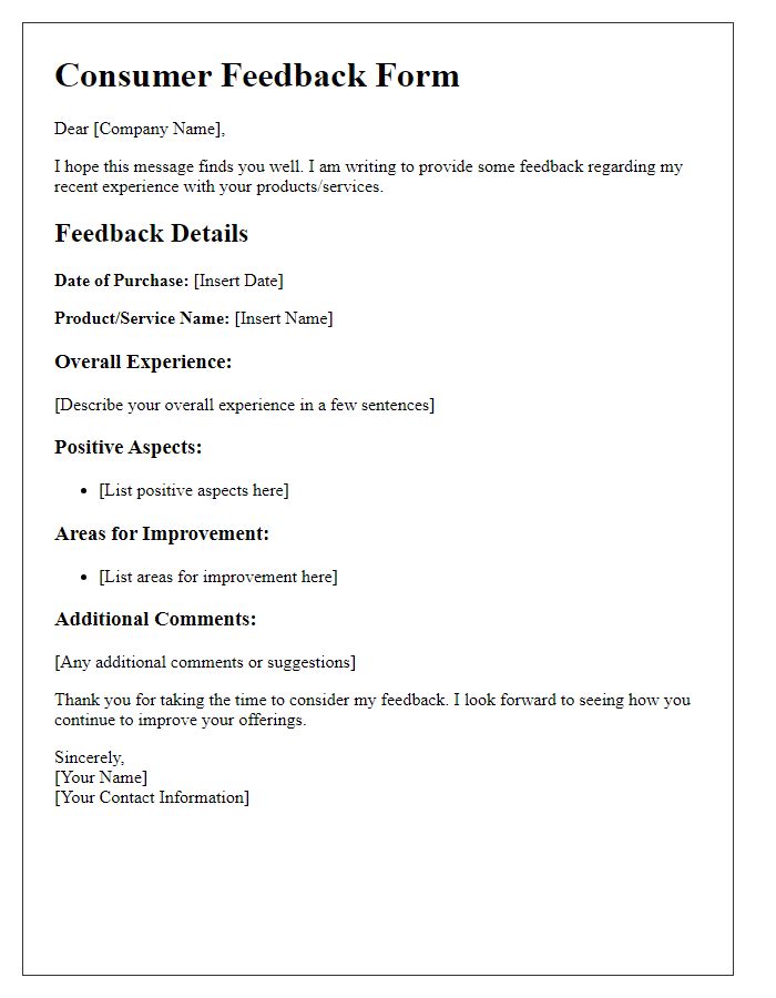 Letter template of consumer feedback form