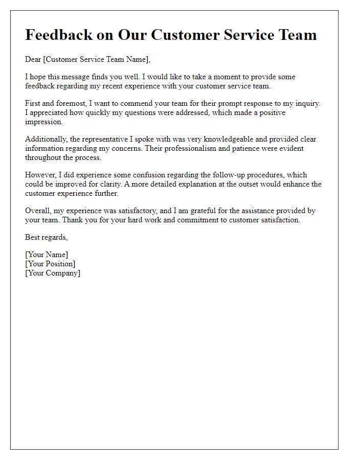 Letter template of feedback for our customer service team