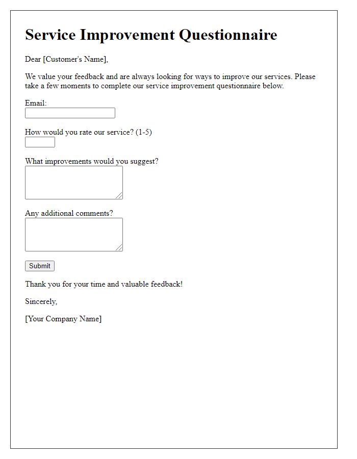 Letter template of service improvement questionnaire