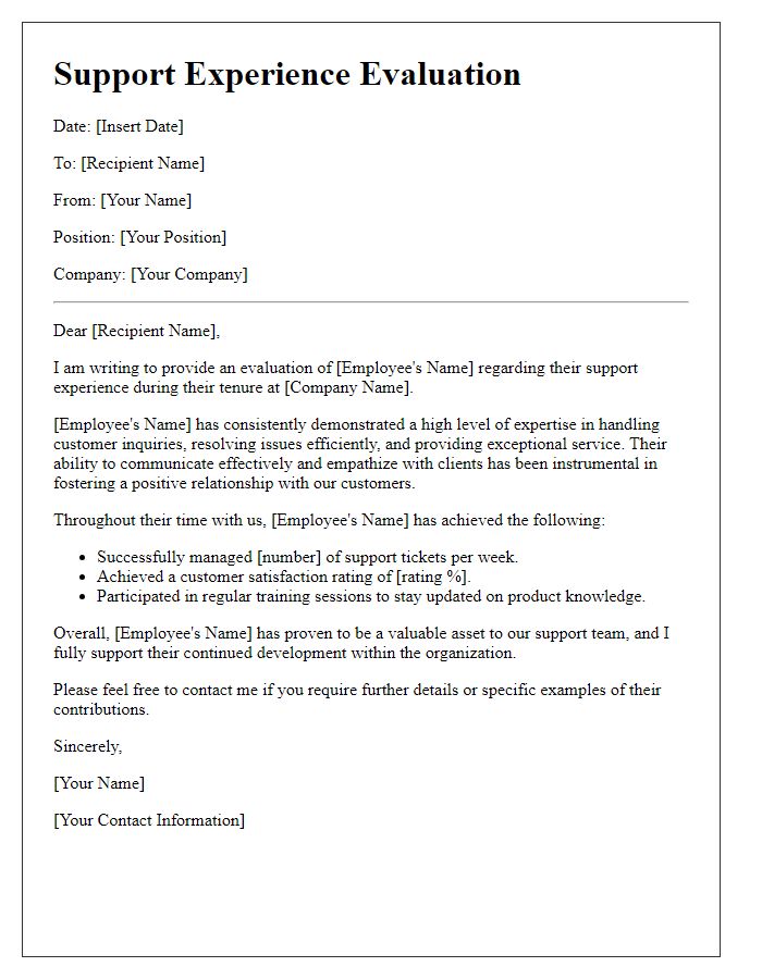 Letter template of support experience evaluation