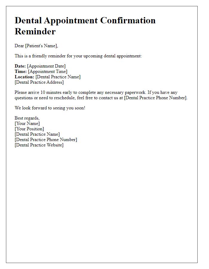 Letter template of dental appointment confirmation reminder.
