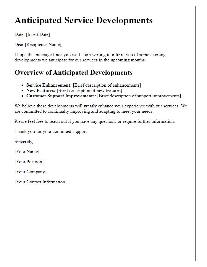 Letter template of anticipated service developments