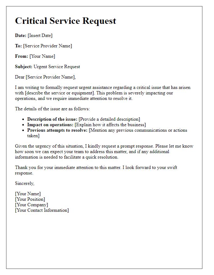 Letter template of critical service request