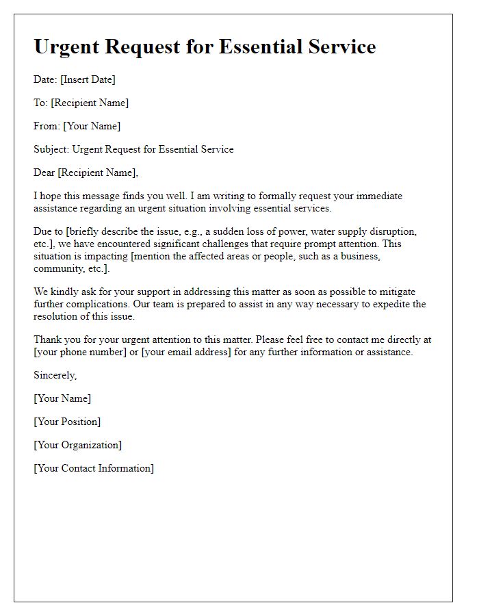 Letter template of essential service urgency request