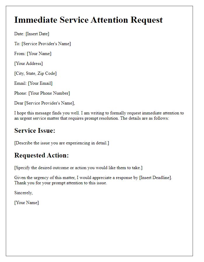 Letter template of immediate service attention request