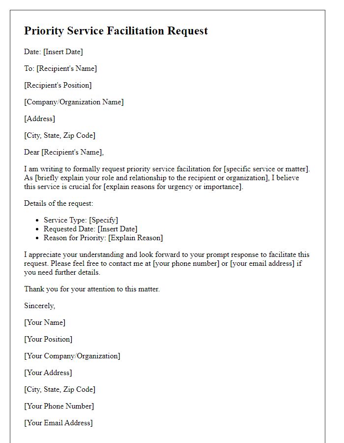 Letter template of priority service facilitation request