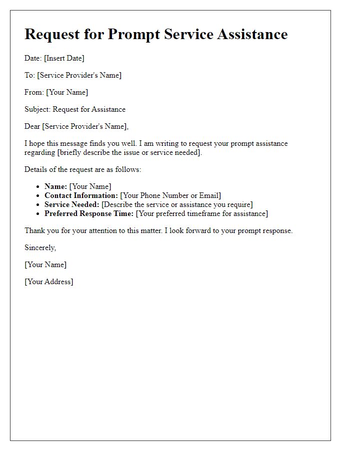 Letter template of prompt service assistance request