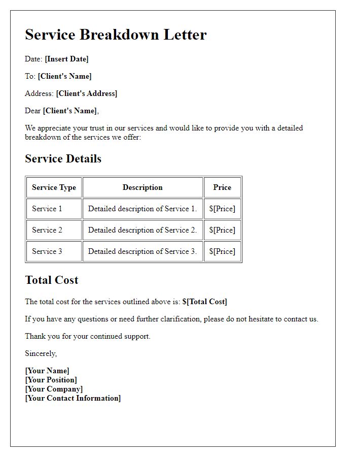 Letter template of in-depth service breakdown