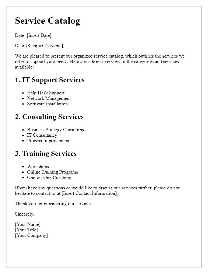 Letter template of organized service catalog