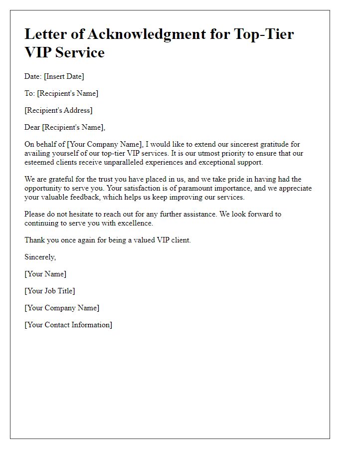 Letter template of acknowledgment for top-tier VIP service