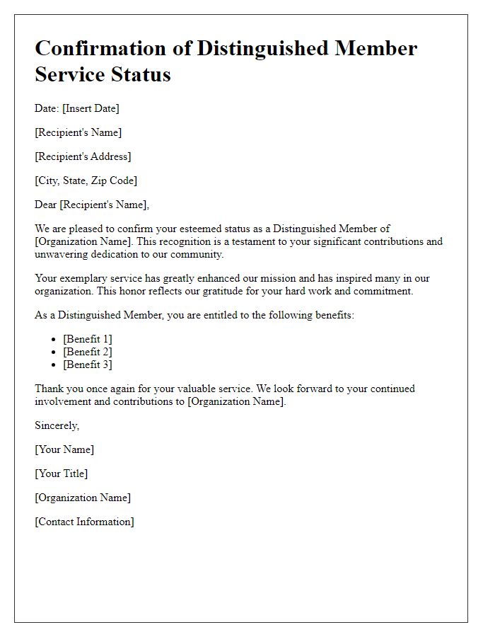 Letter template of confirmation for distinguished member service status