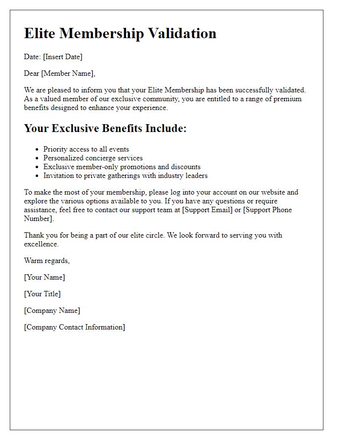 Letter template of elite membership validation for exclusive benefits