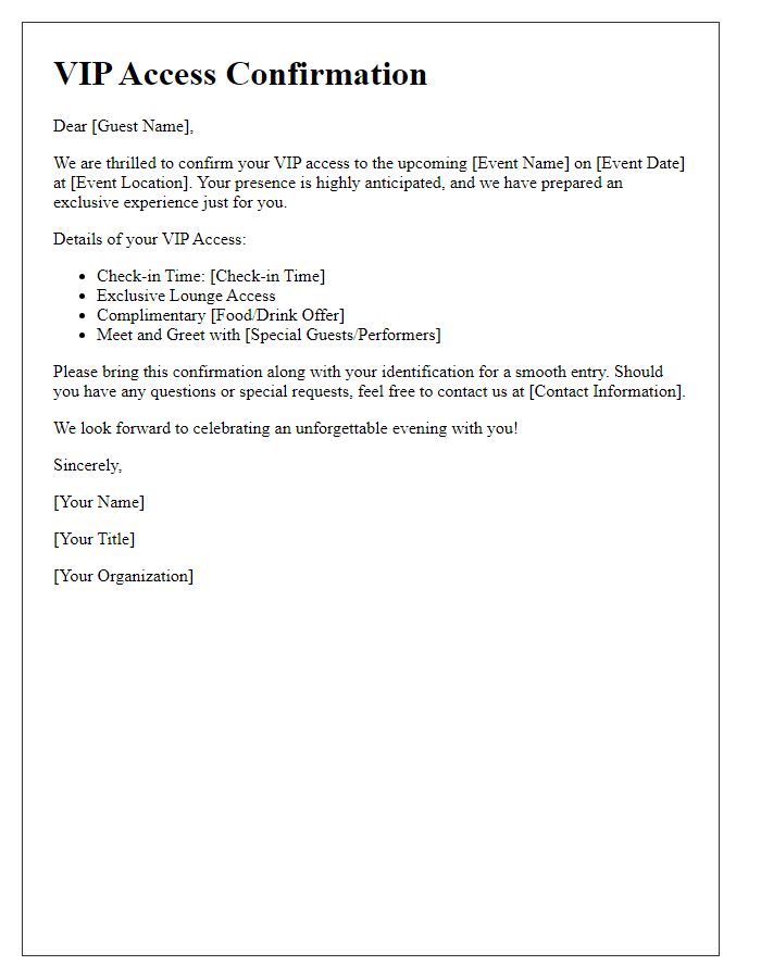 Letter template of VIP access confirmation for special event invitations