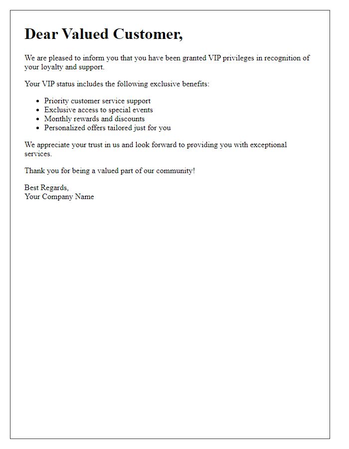 Letter template of VIP privileges confirmation for valued customers