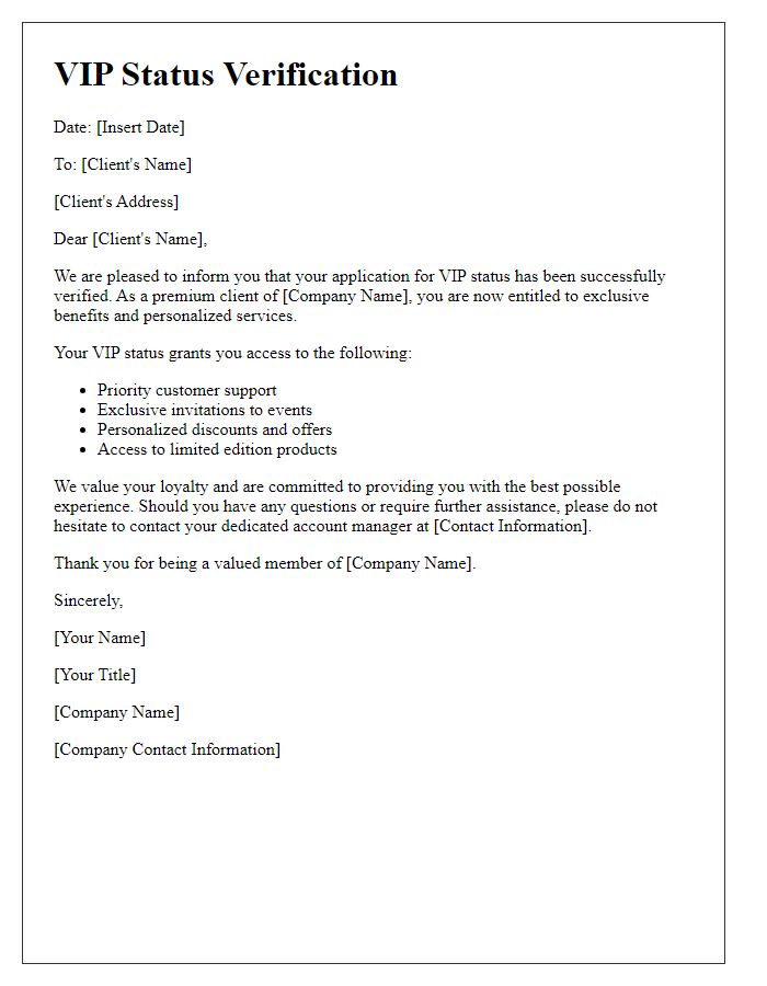 Letter template of VIP status verification for premium clients