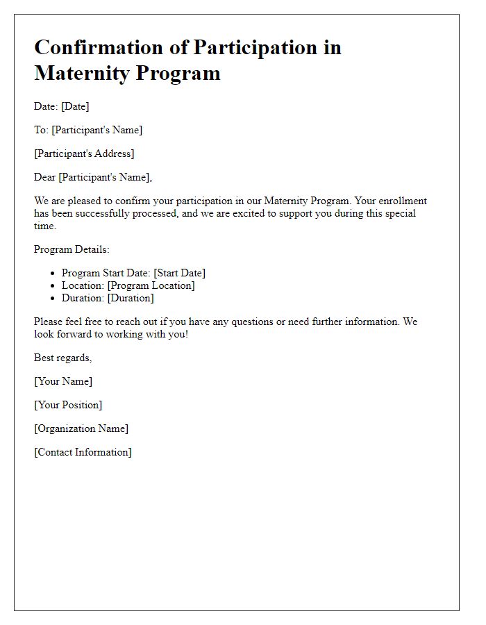 Letter template of confirmation for maternity program participation