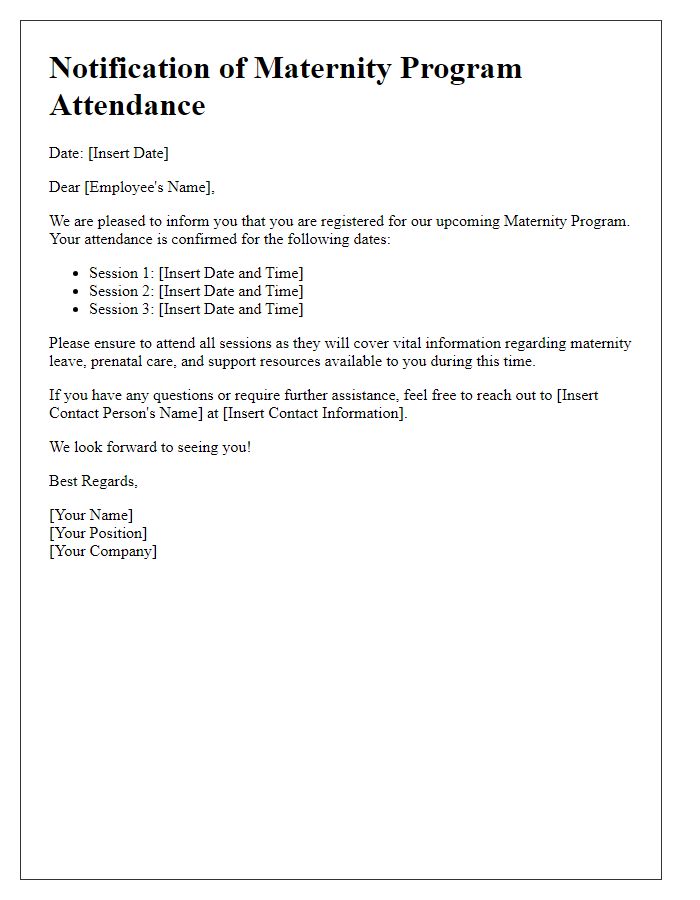 Letter template of notification for maternity program attendance