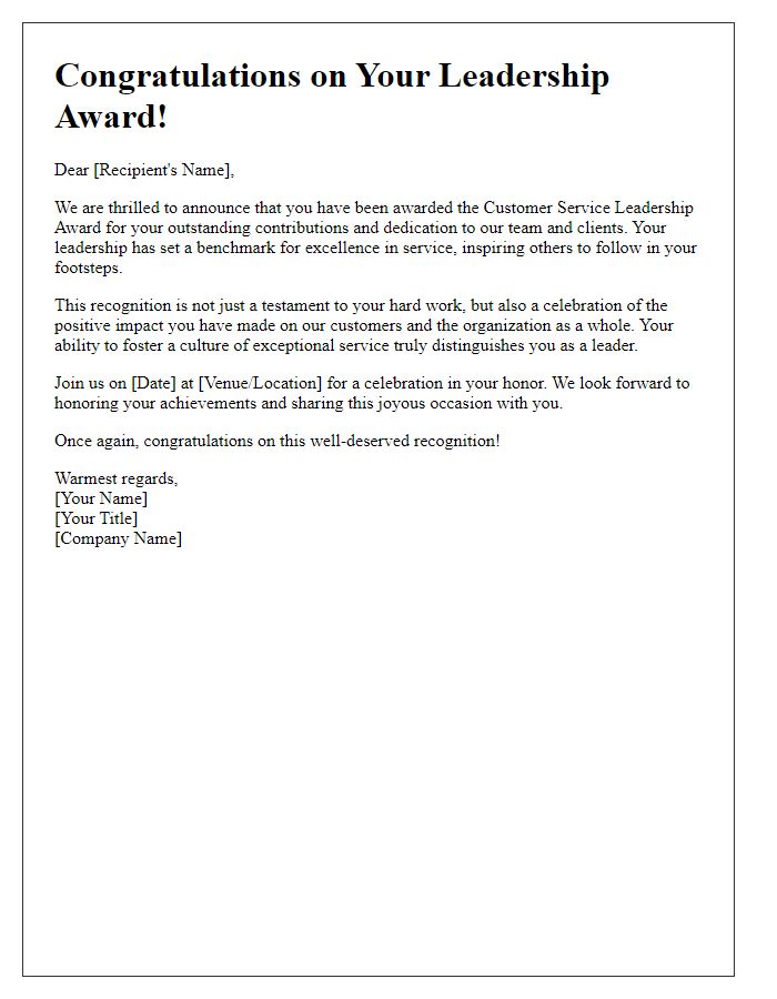 Letter template of celebration for customer service leadership award