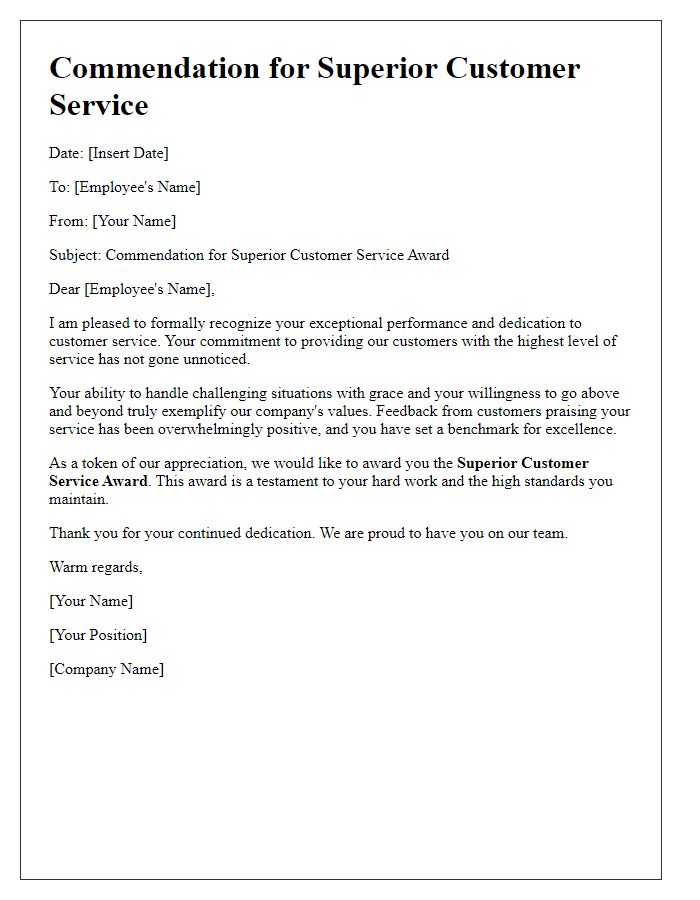 Letter template of commendation for superior customer service award