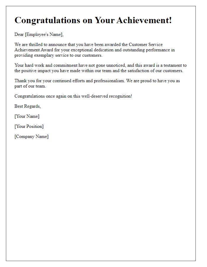 Letter template of congratulations for the customer service achievement award