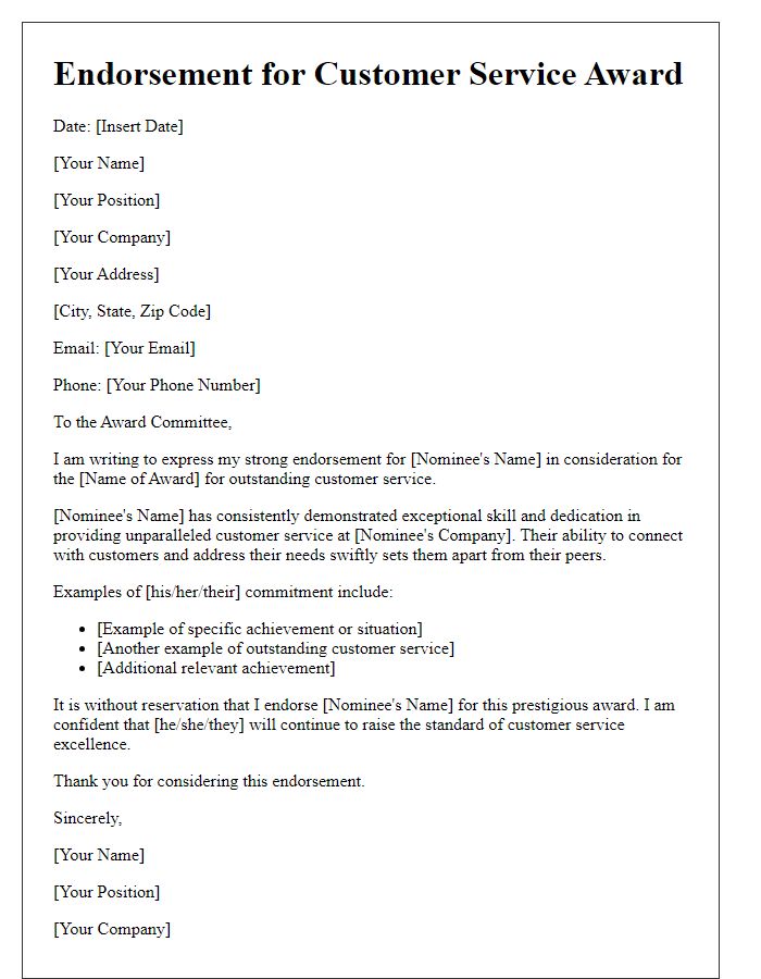 Letter template of endorsement for prestigious customer service award