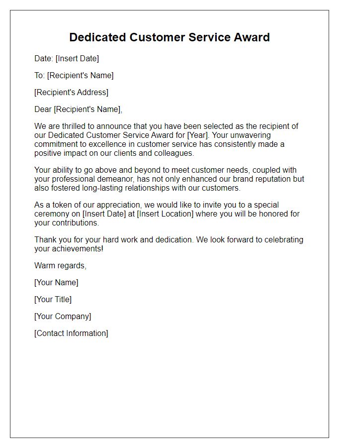 Letter template of honor for dedicated customer service award